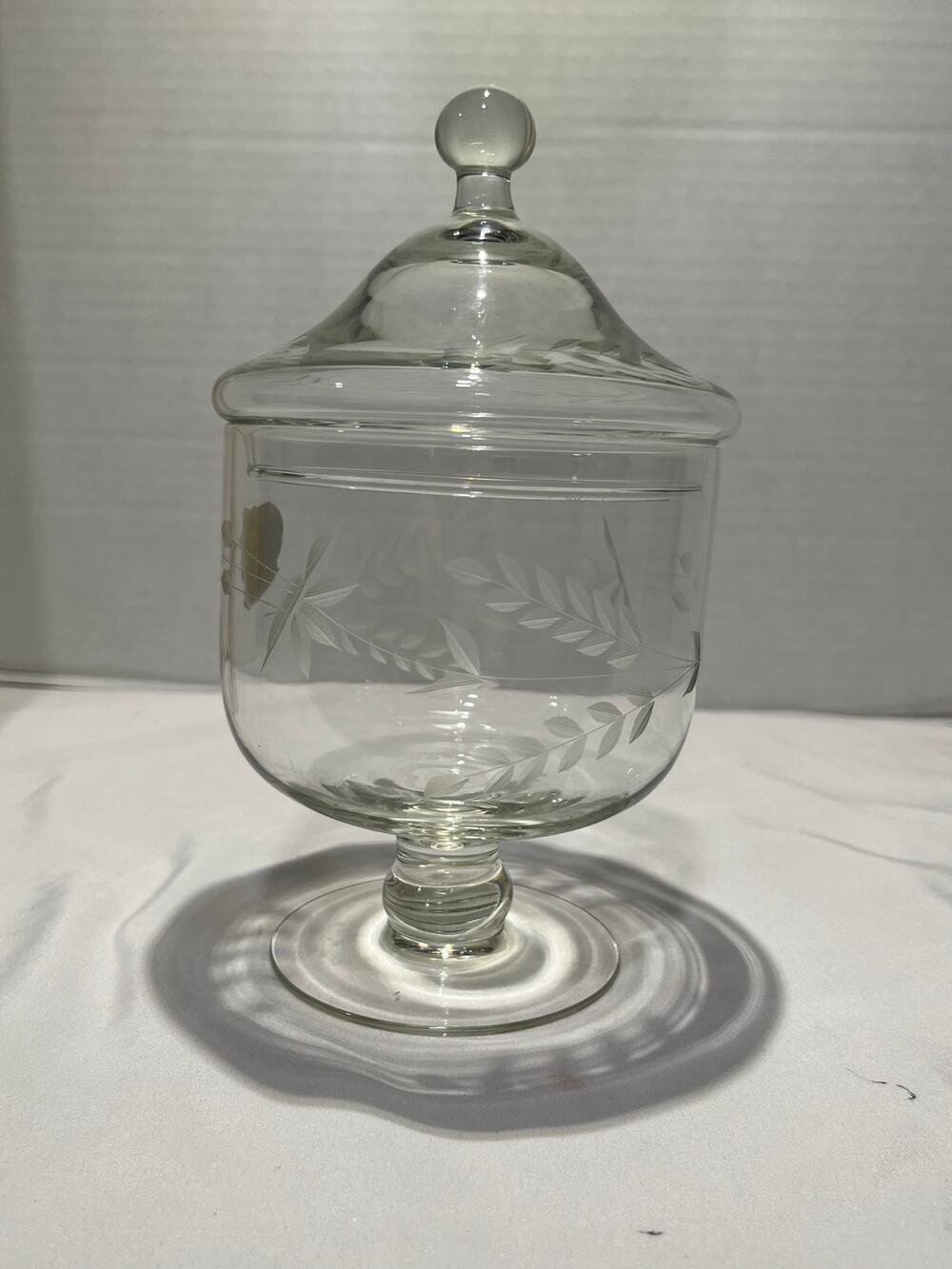 Queen Glass Co Covered Candy Dish Pedestal Etched Leaf La Vale MD Vintage